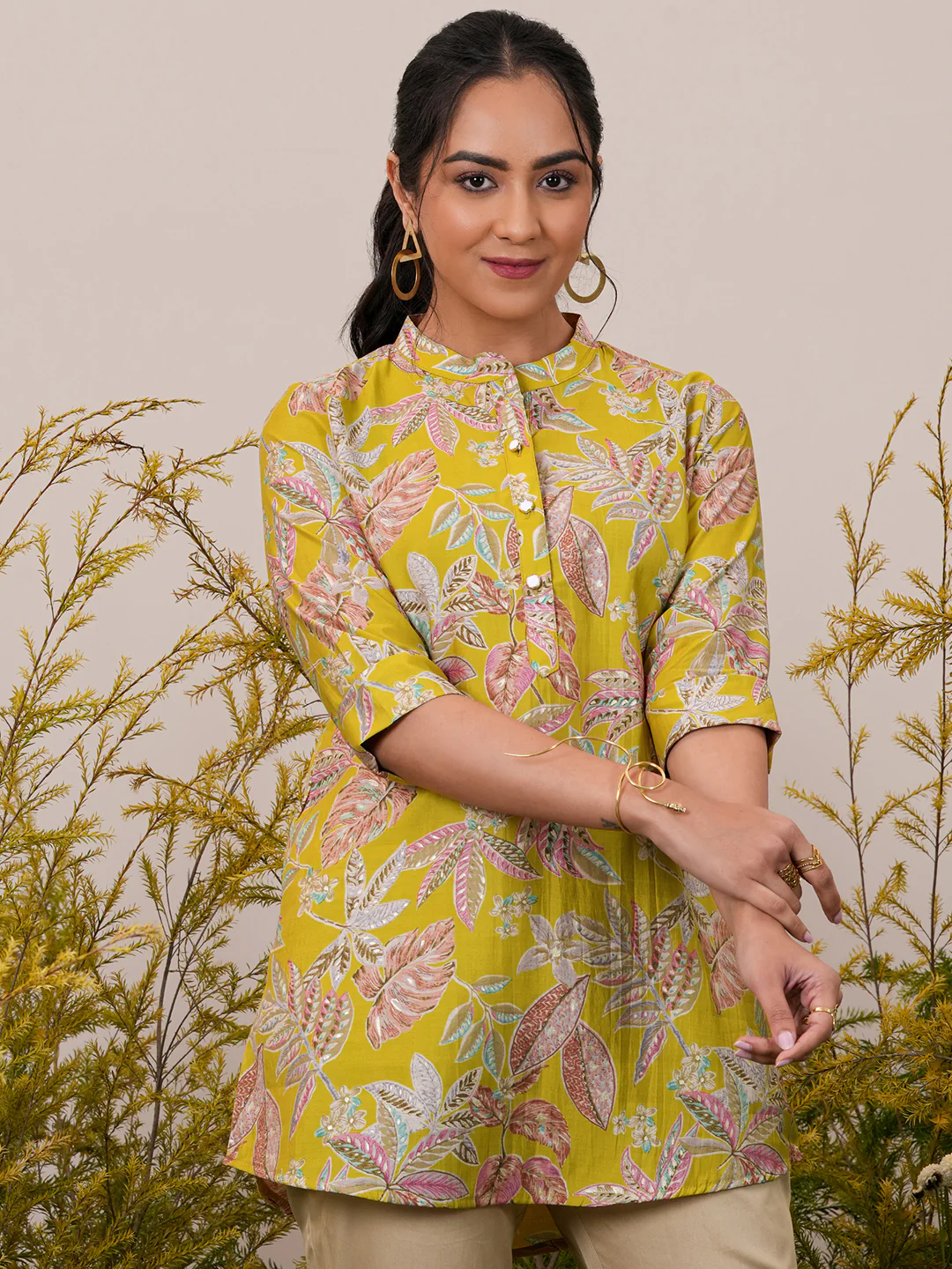 Yellow Printed Silk Blend Straight Short Kurti