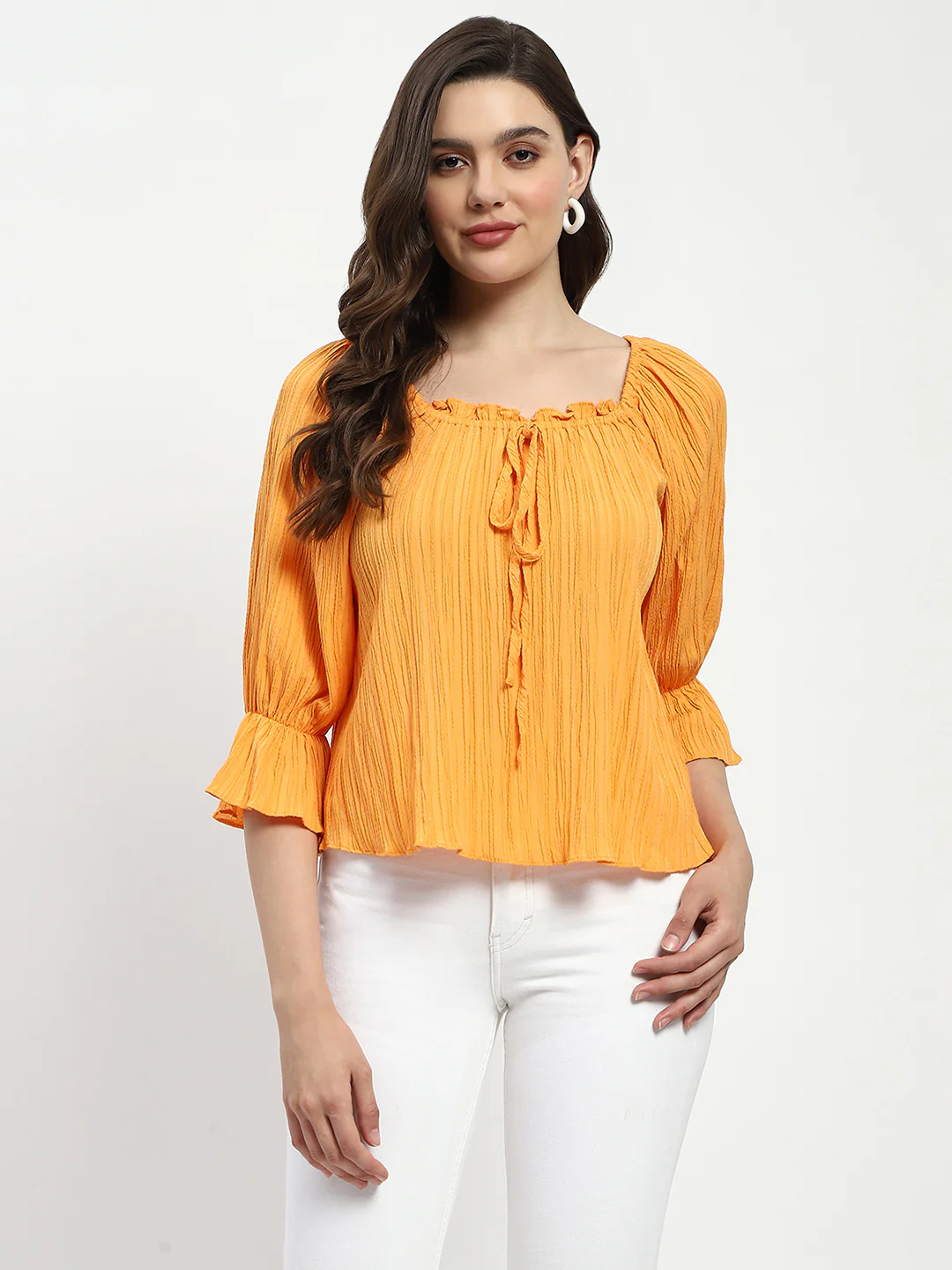 Textured Cotton Blend Smocked Orange Top