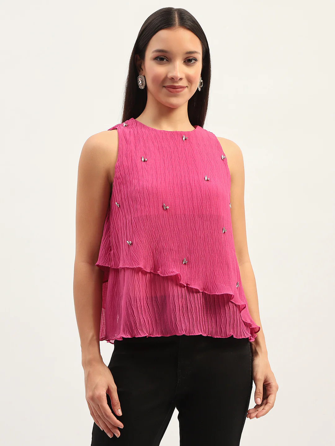 Double Hem Embellished Pink Top - Image 2