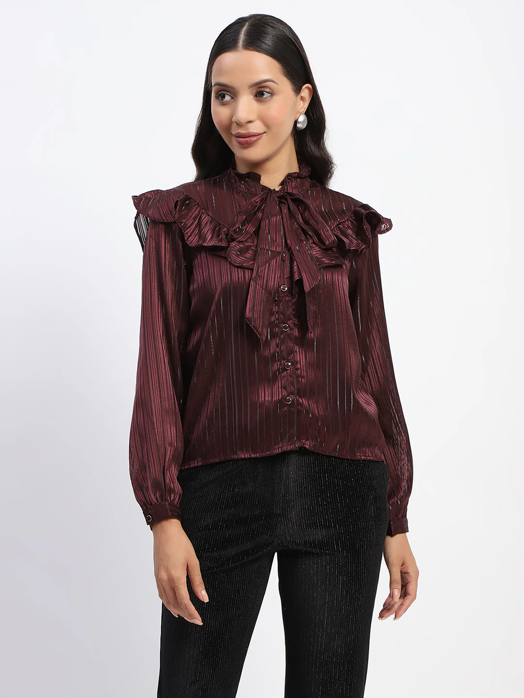 Tie Knot Frill Necked Striped Wine Top - Image 2
