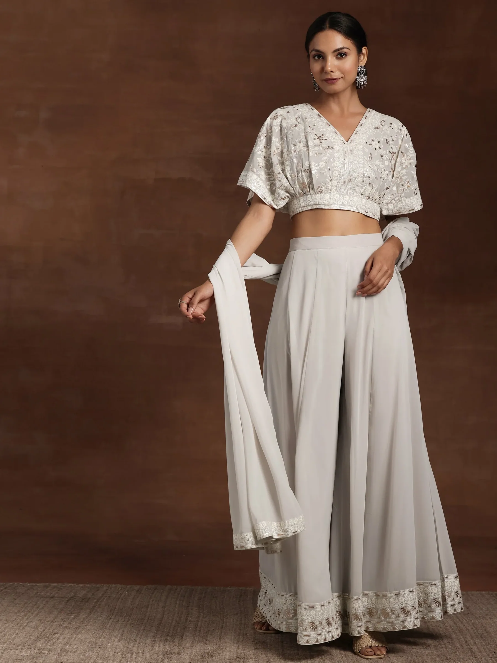 Grey Embroidered Georgette 3 Piece Co-Ords sets - Image 2