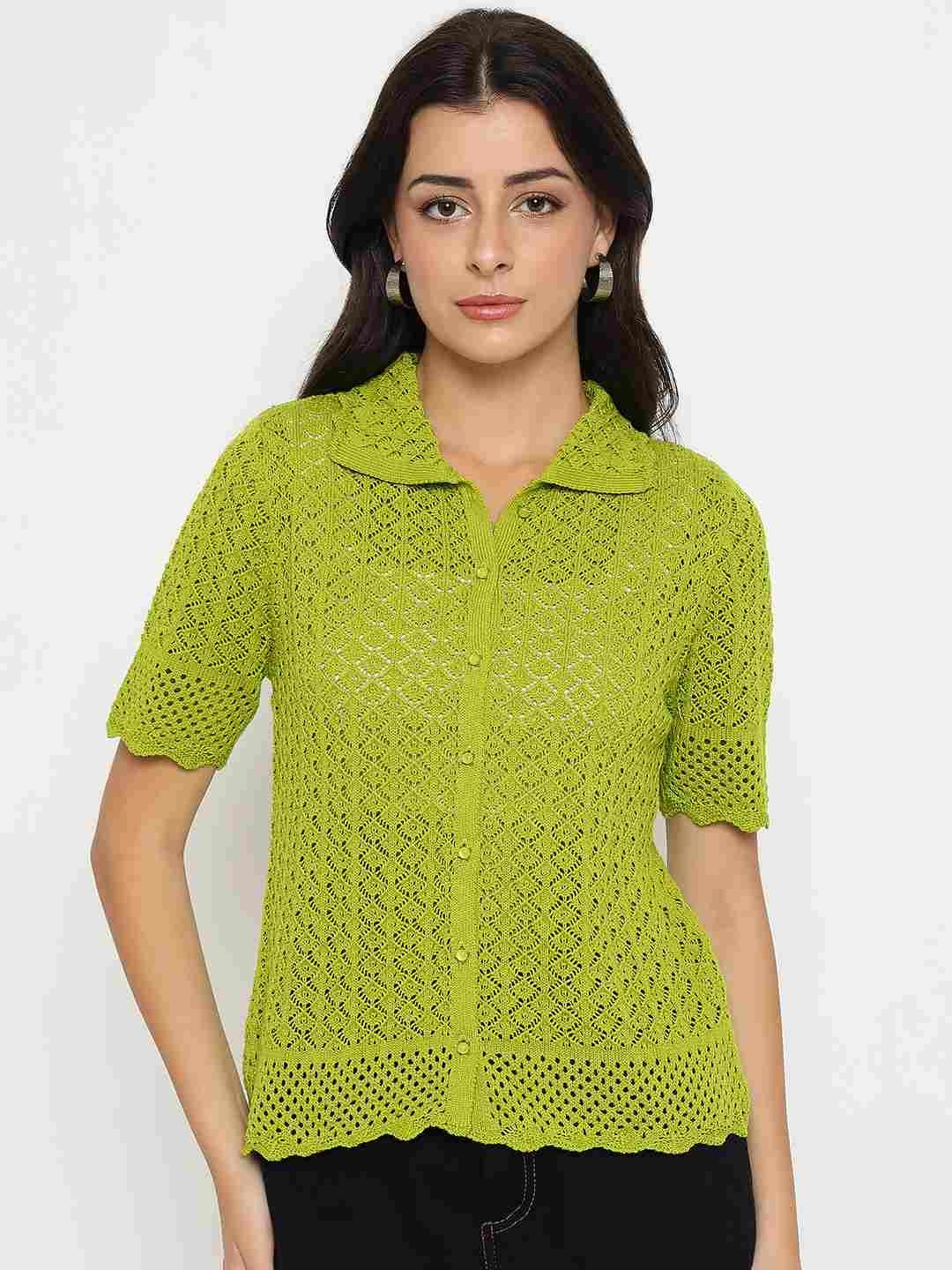 Scalloped Hem Mehendi Green Knitted Polo Top