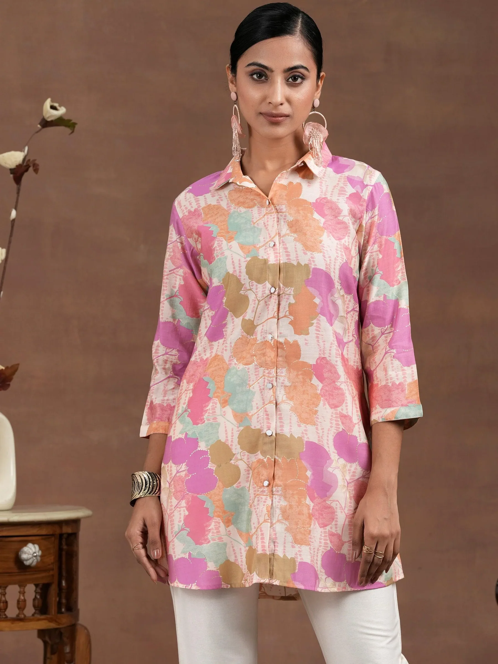 Pink Printed Silk Blend Straight Shirt - Image 7