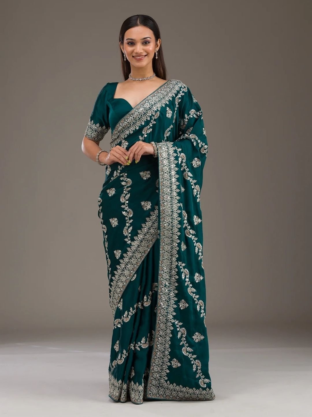 Bottle Green Threadwork Satin Saree
