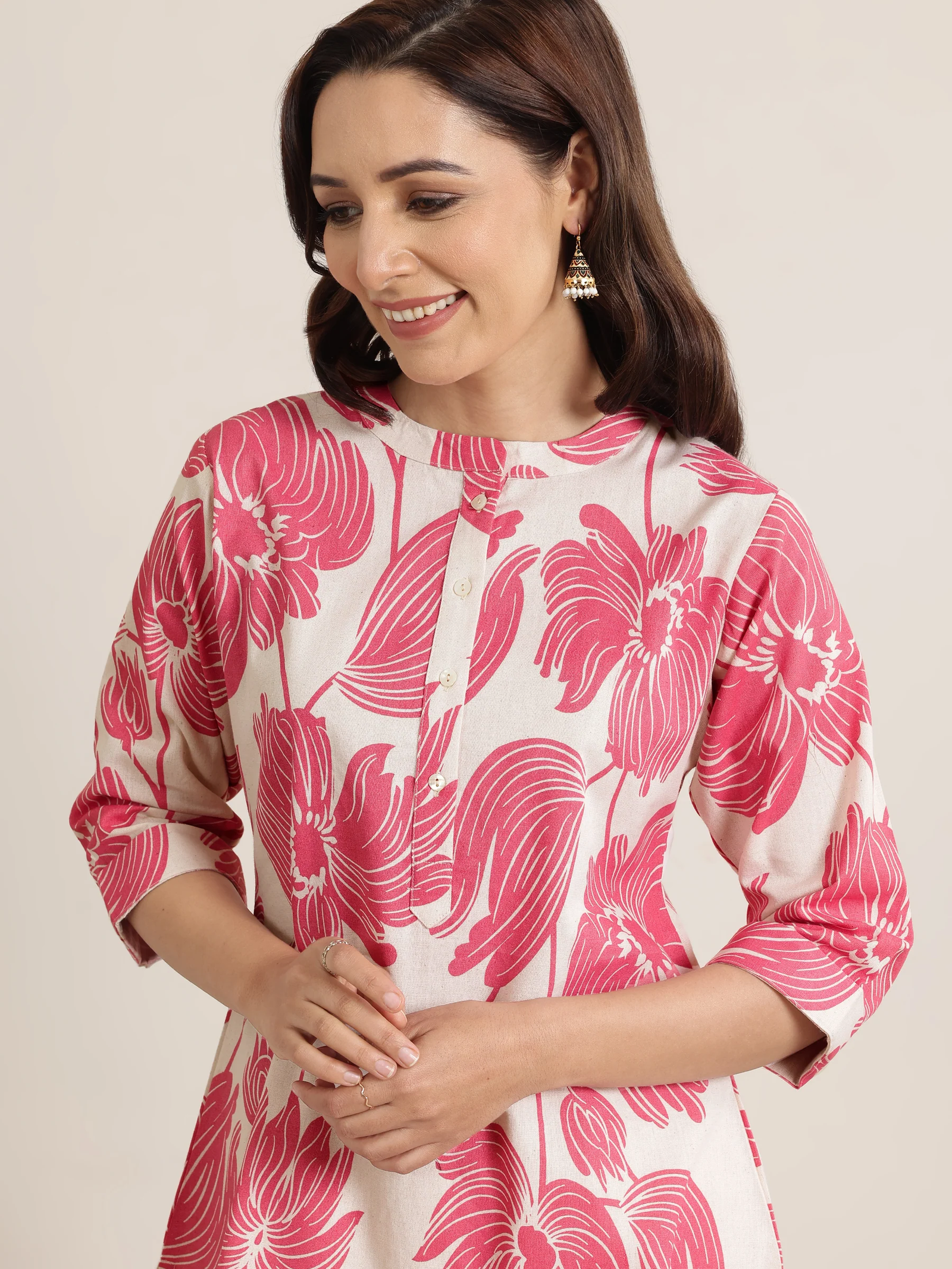 Pink Printed Cotton Straight Shirt - Image 5