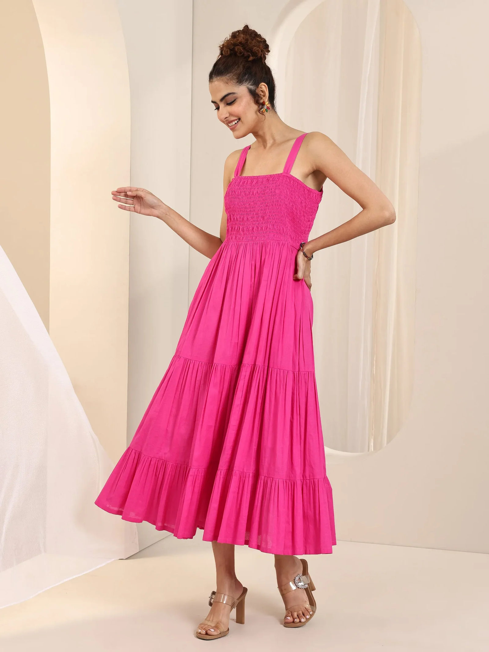 Pink Solid Cotton Fit and Flare One Piece Dress