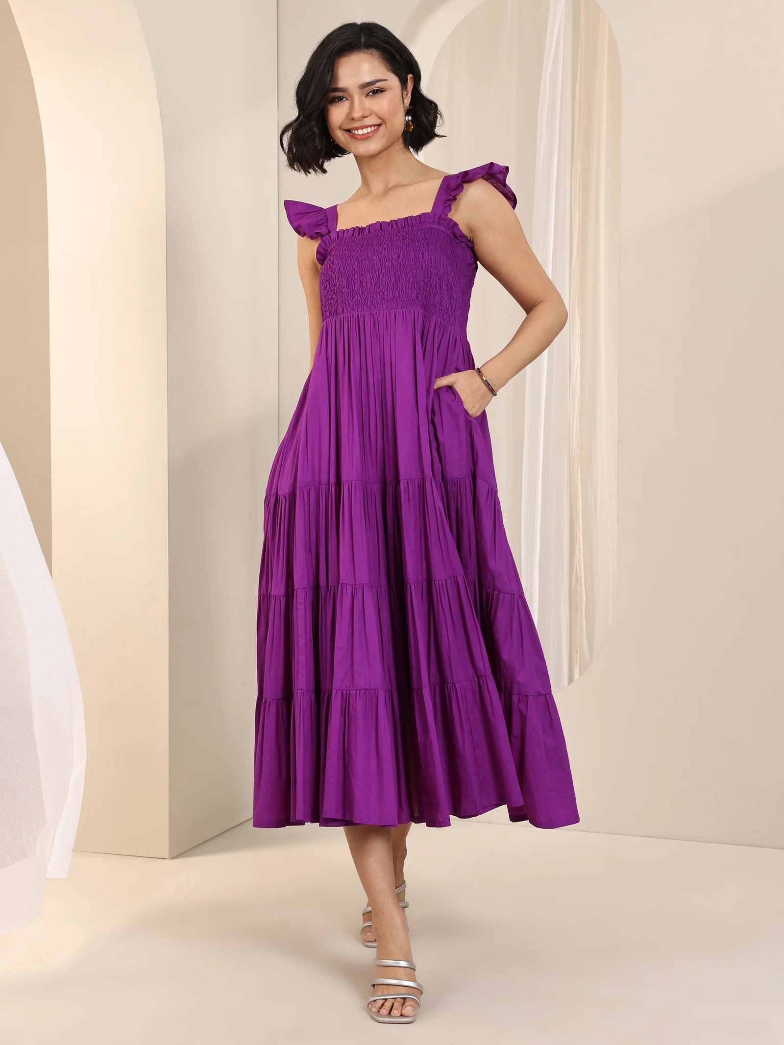 Purple Solid Cotton Fit and Flare One Piece Dress - Image 4