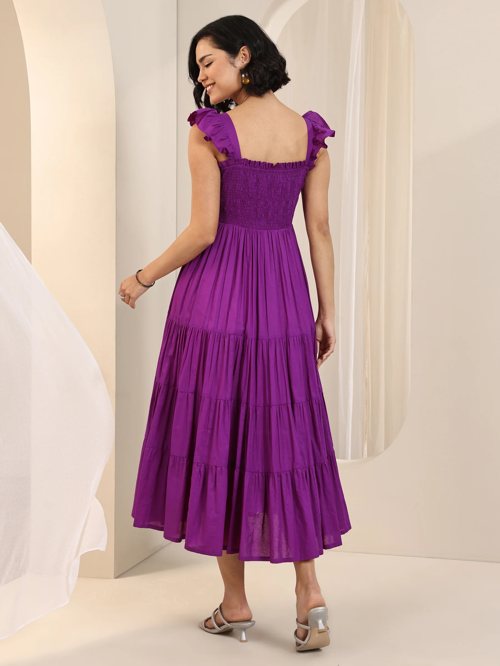 Purple Solid Cotton Fit and Flare One Piece Dress - Image 5