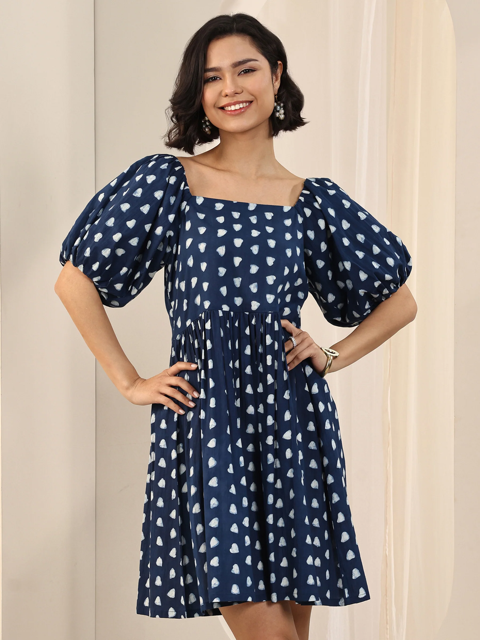 Indigo Printed Cotton Fit and Flare One Piece Dress - Image 5
