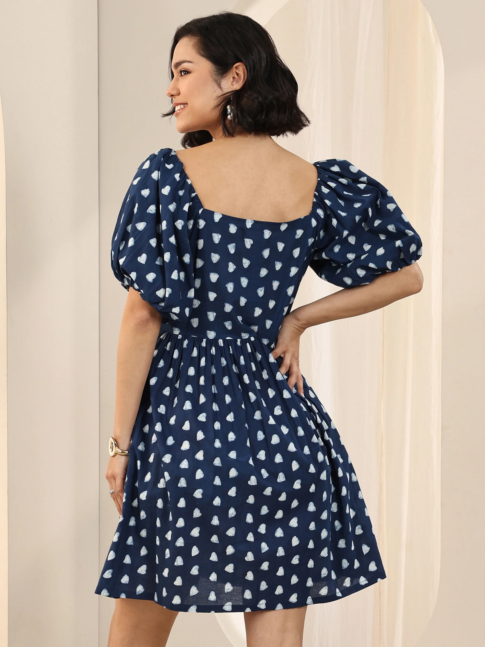 Indigo Printed Cotton Fit and Flare One Piece Dress - Image 3
