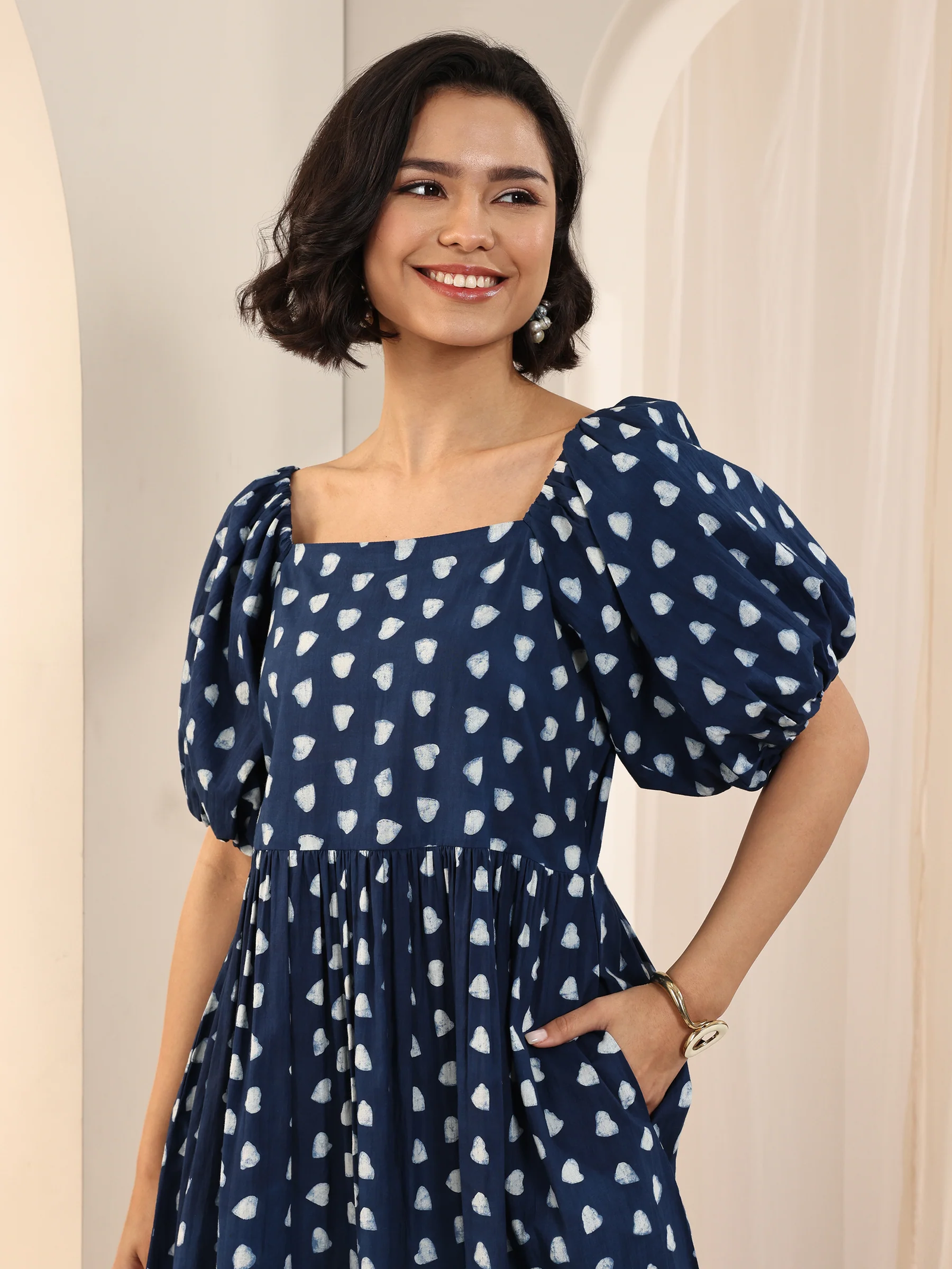 Indigo Printed Cotton Fit and Flare One Piece Dress - Image 4