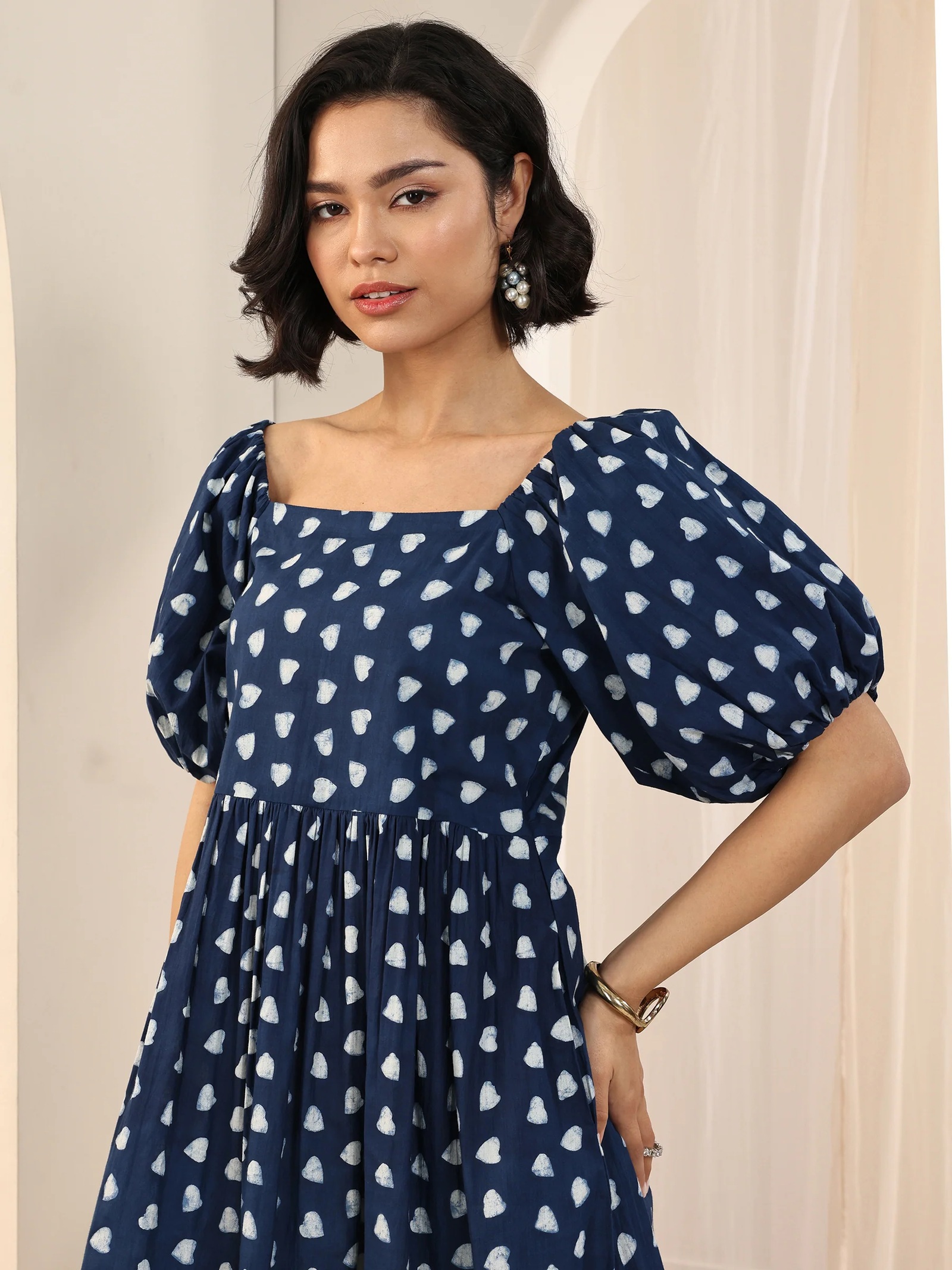 Indigo Printed Cotton Fit and Flare One Piece Dress - Image 6