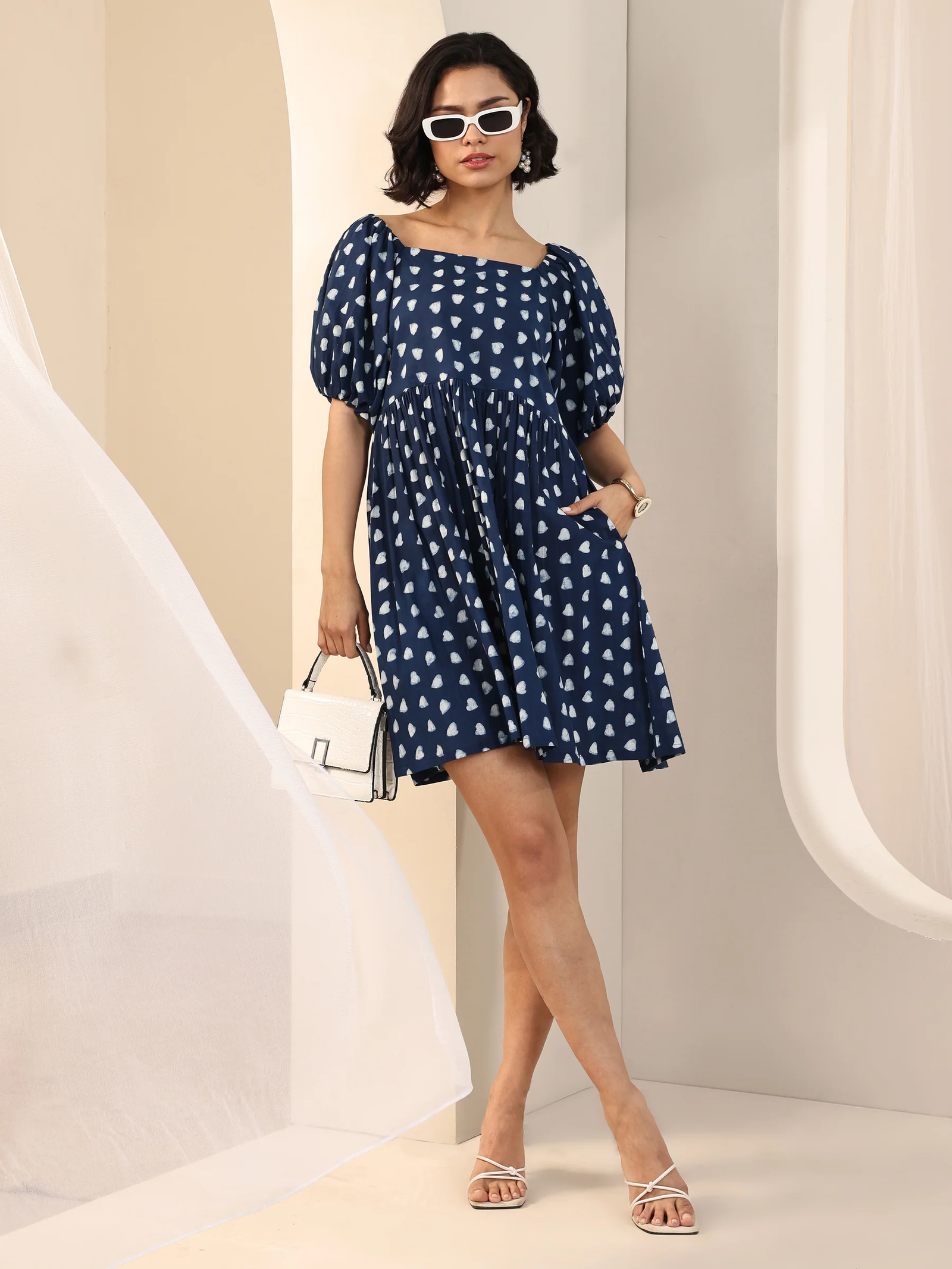 Indigo Printed Cotton Fit and Flare One Piece Dress - Image 2