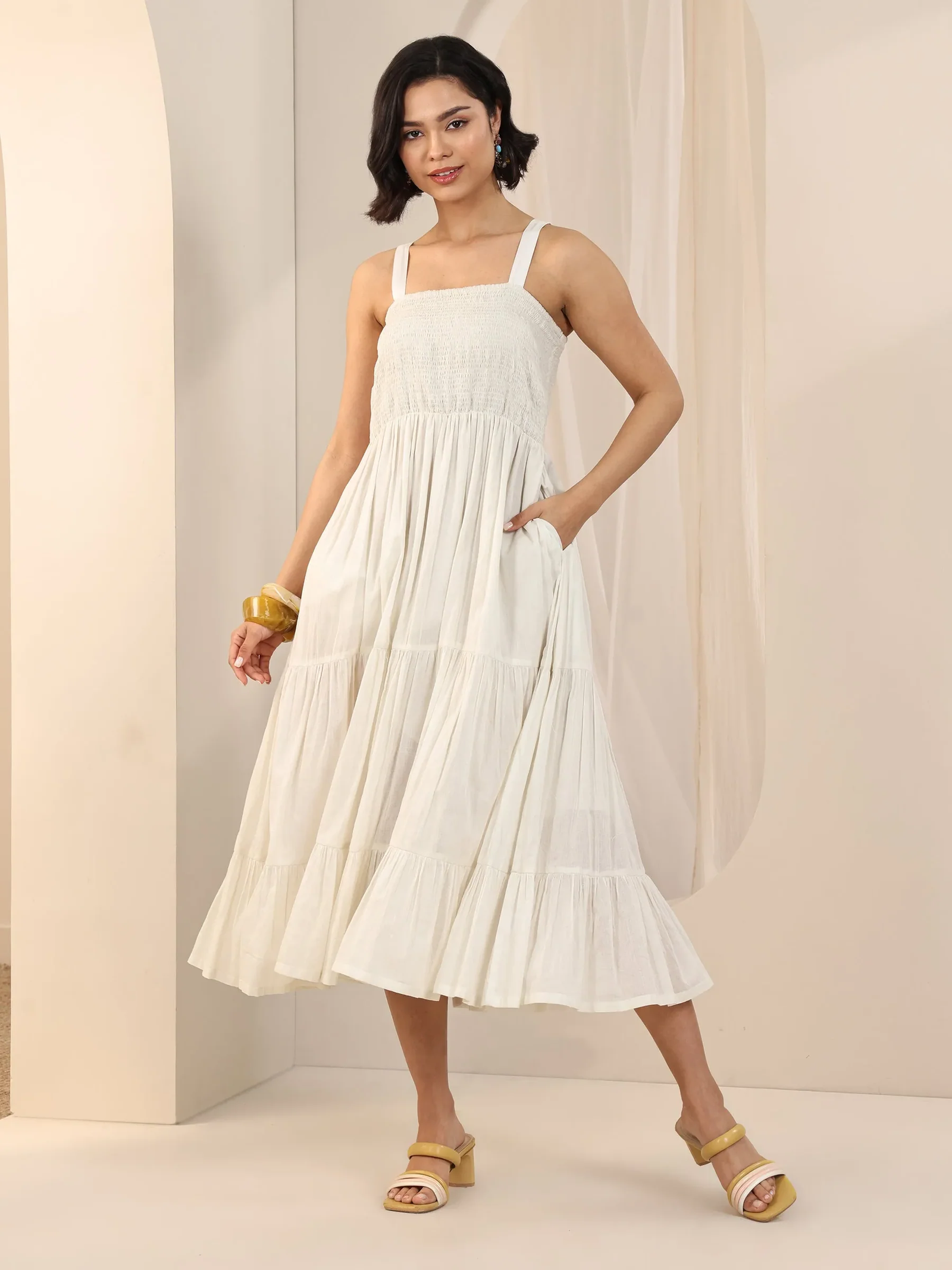 Off White Solid Cotton Fit and Flare One Piece Dress - Image 5