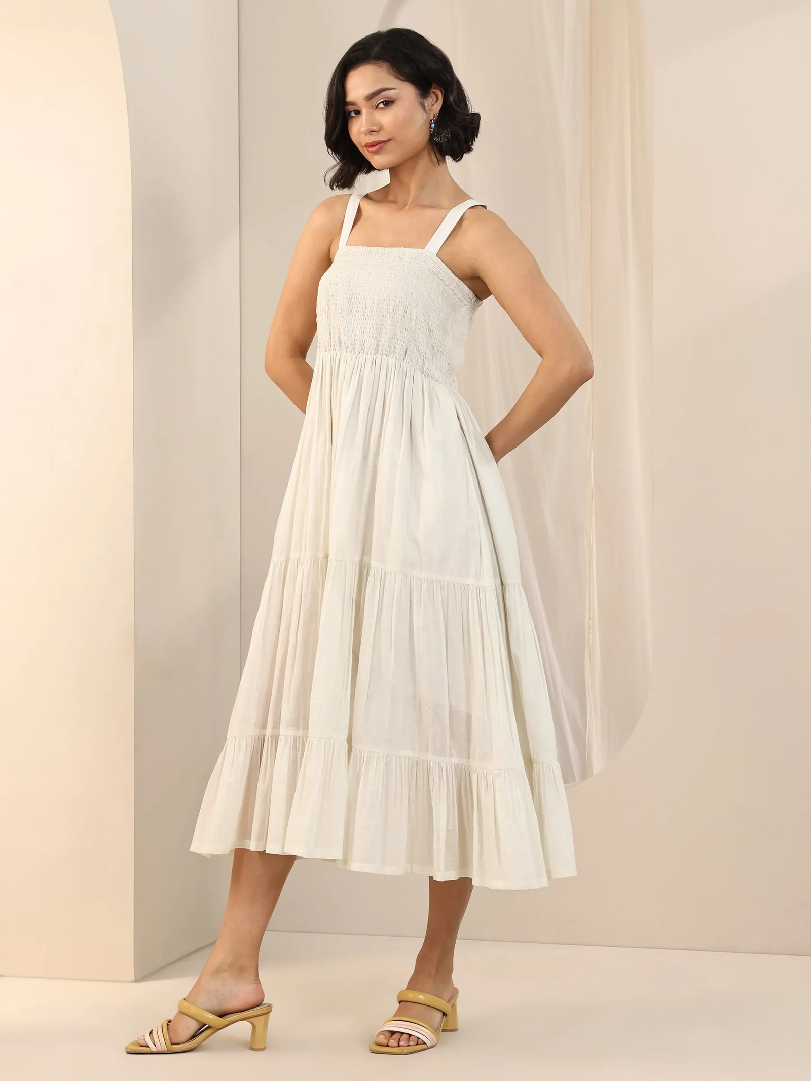 Off White Solid Cotton Fit and Flare One Piece Dress - Image 3