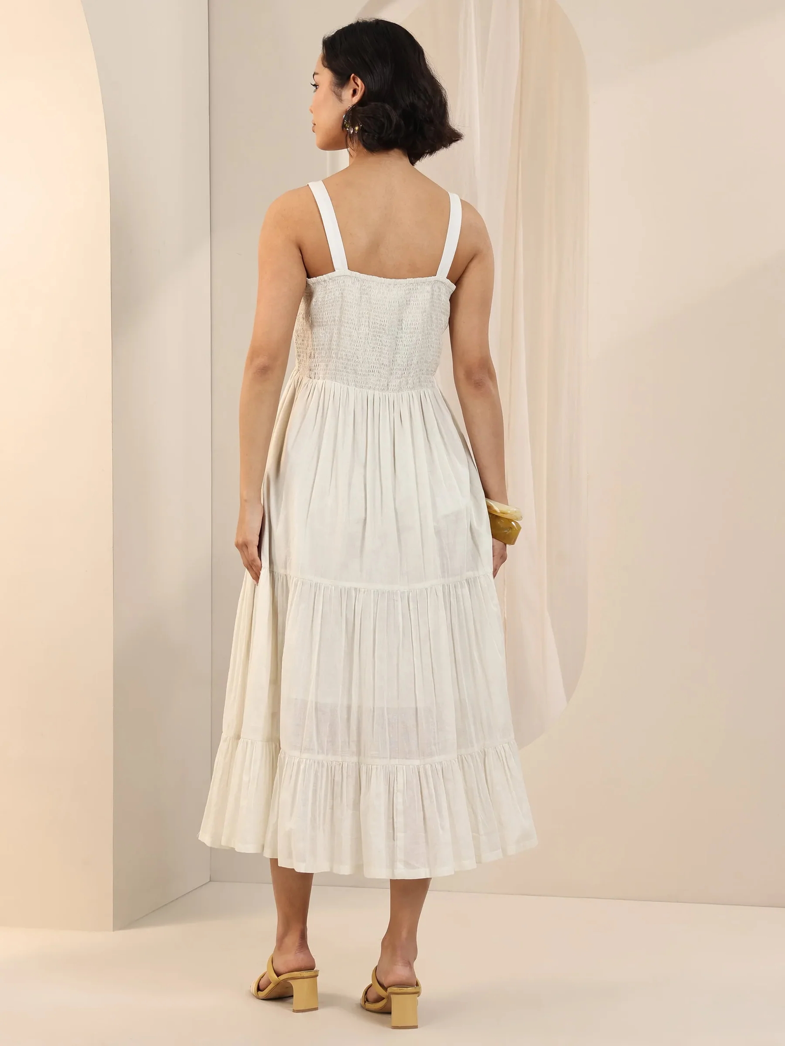 Off White Solid Cotton Fit and Flare One Piece Dress - Image 4