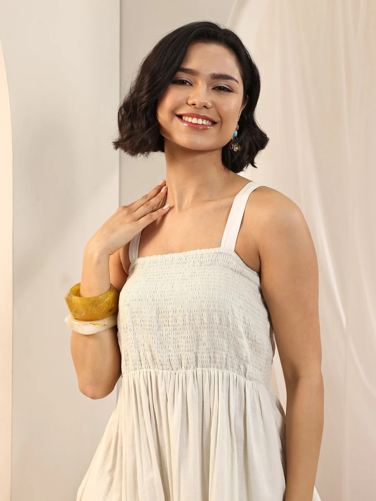 Off White Solid Cotton Fit and Flare One Piece Dress - Image 6