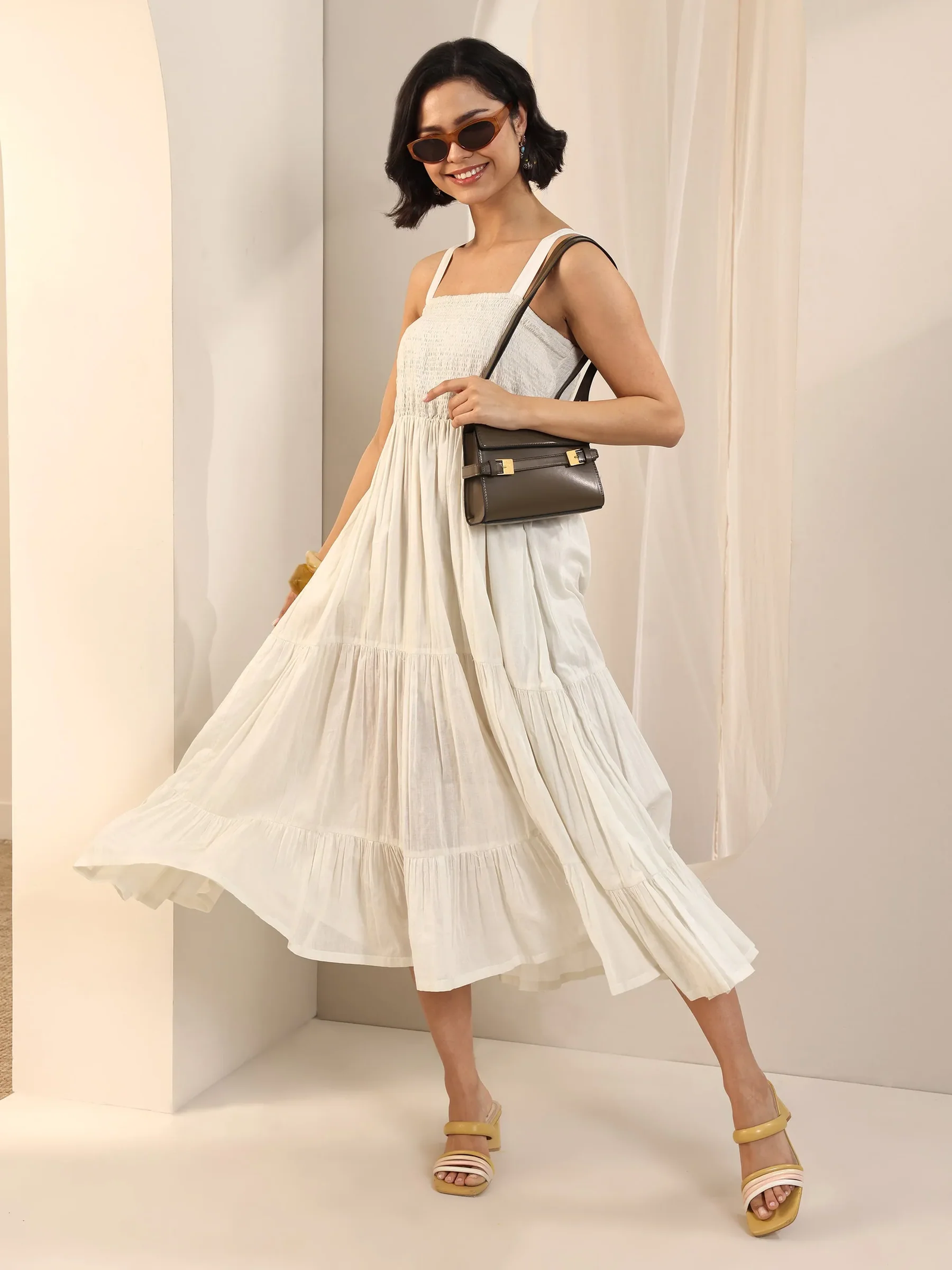 Off White Solid Cotton Fit and Flare One Piece Dress - Image 2