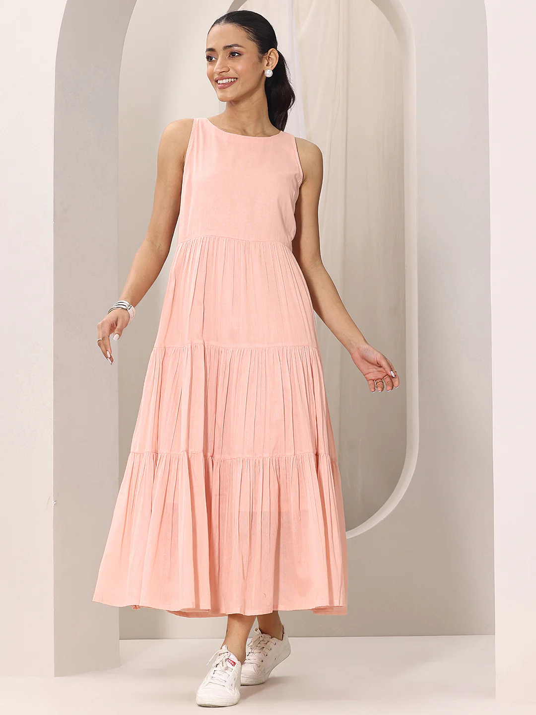 Peach Solid Cotton Fit and Flare One Piece Dress - Image 2