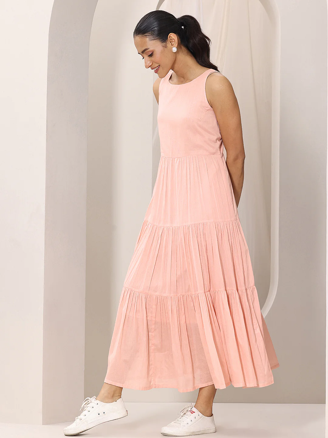 Peach Solid Cotton Fit and Flare One Piece Dress - Image 3