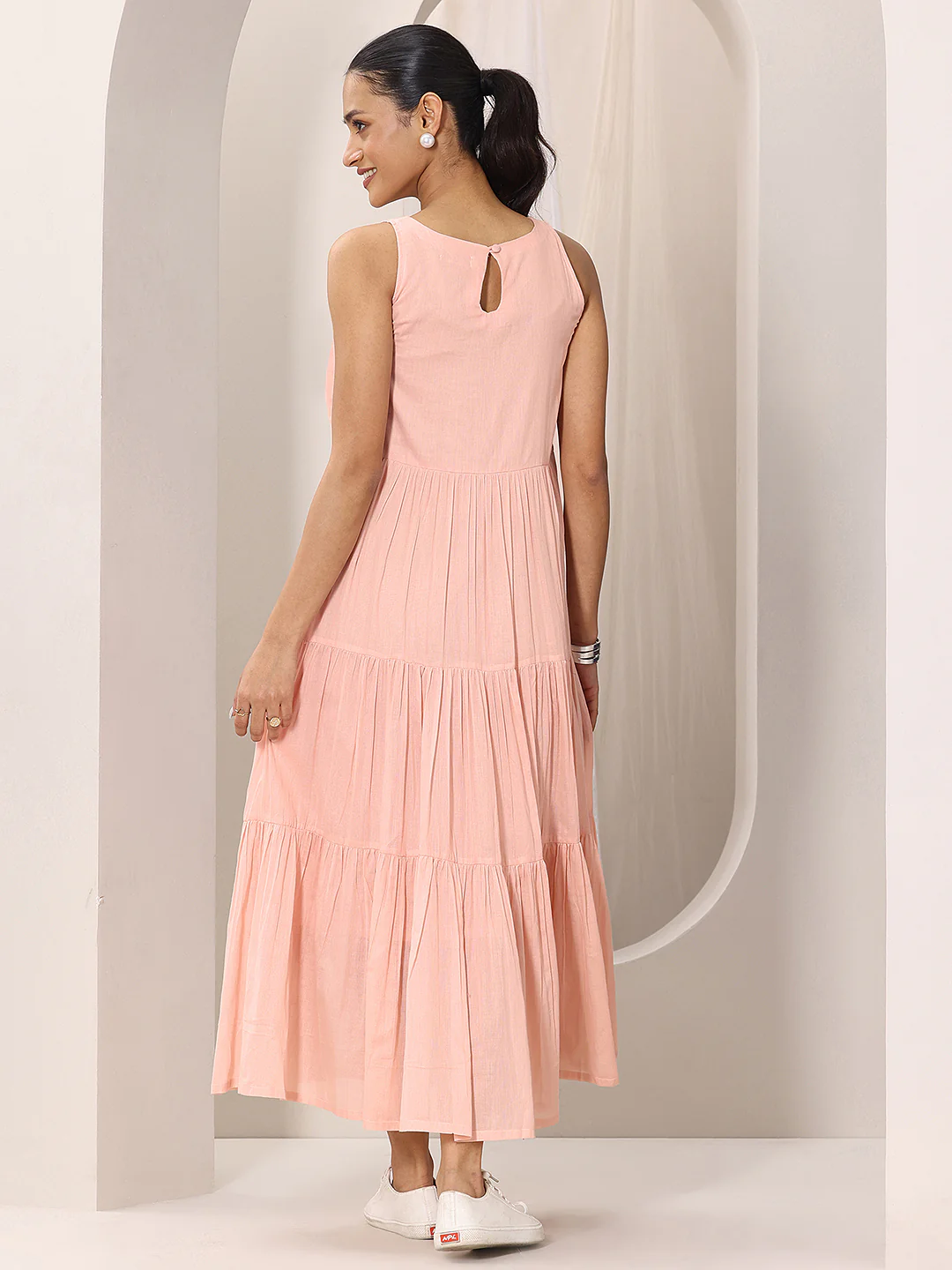 Peach Solid Cotton Fit and Flare One Piece Dress - Image 4