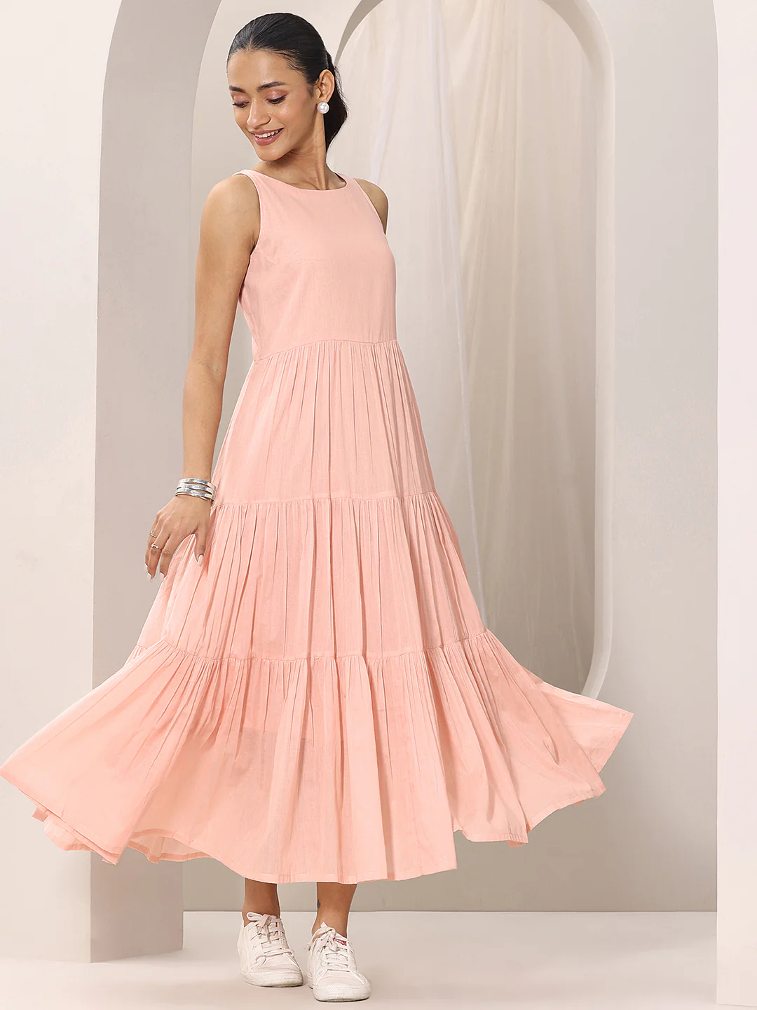 Peach Solid Cotton Fit and Flare One Piece Dress - Image 5