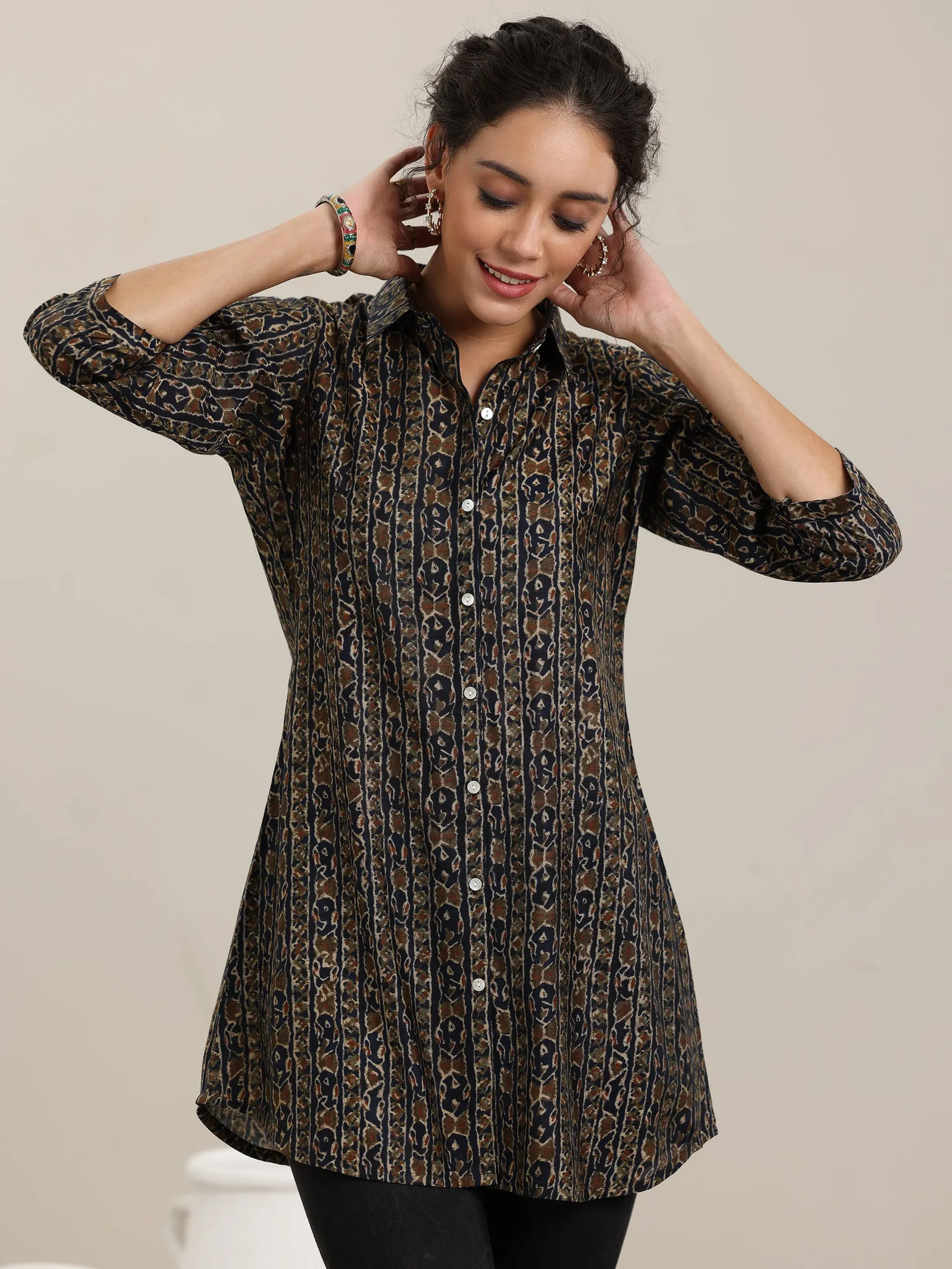 Blue Printed Silk Blend Straight Shirt