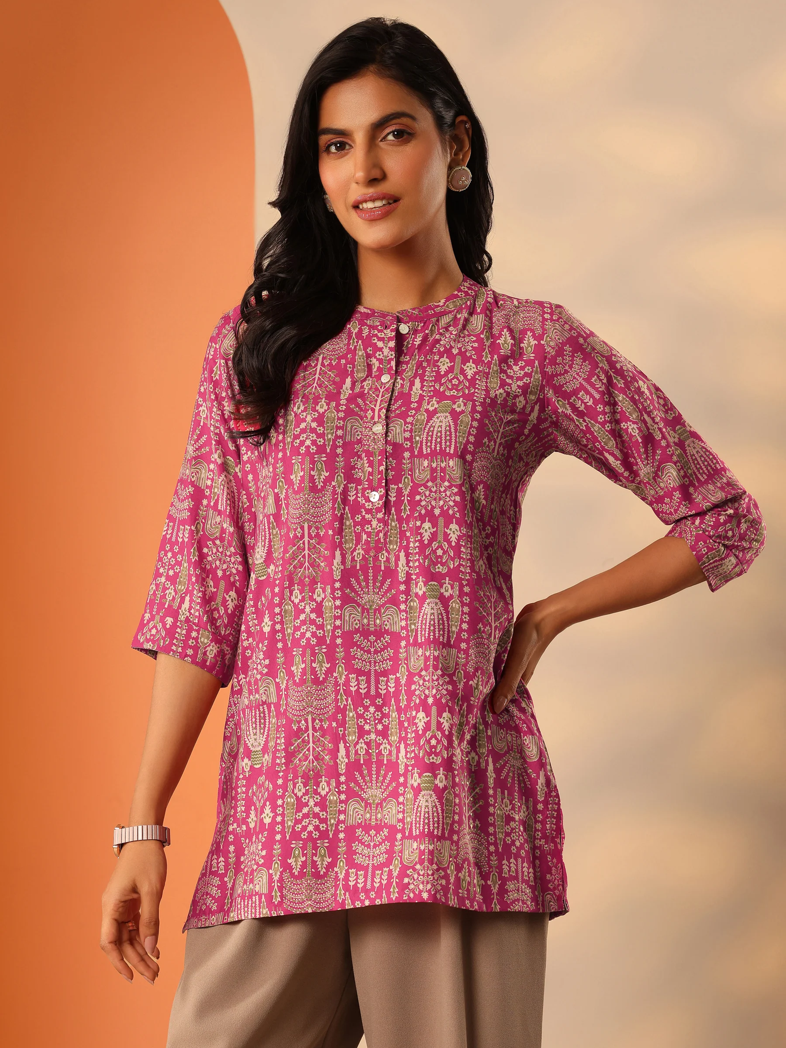 Pink Printed Silk Blend Straight Short Kurti - Image 5