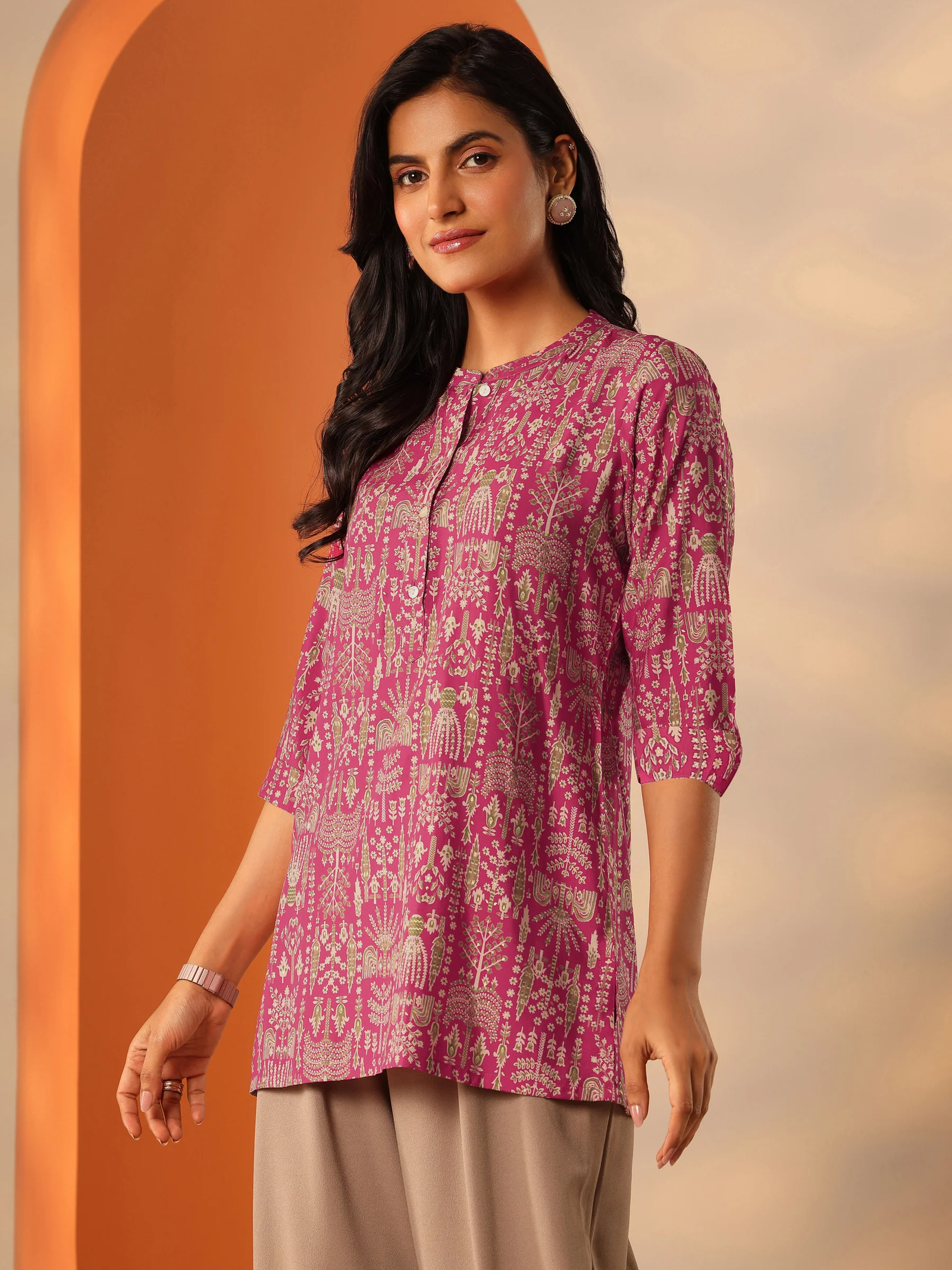 Pink Printed Silk Blend Straight Short Kurti - Image 4