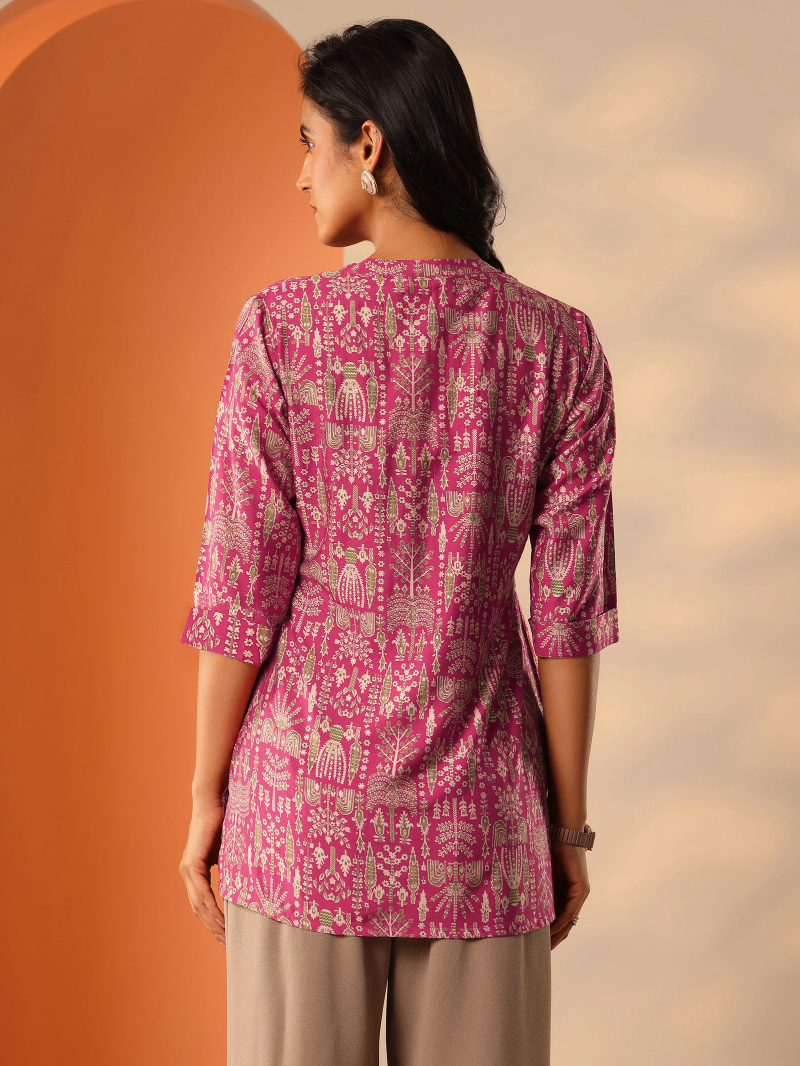 Pink Printed Silk Blend Straight Short Kurti - Image 3
