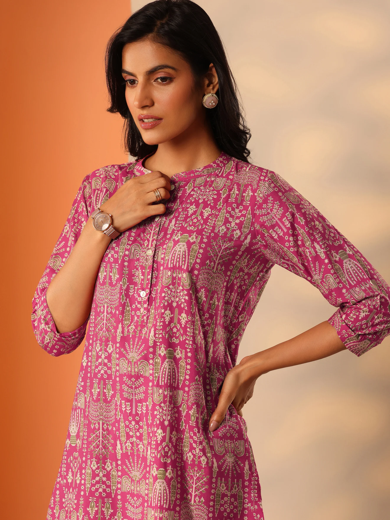 Pink Printed Silk Blend Straight Short Kurti