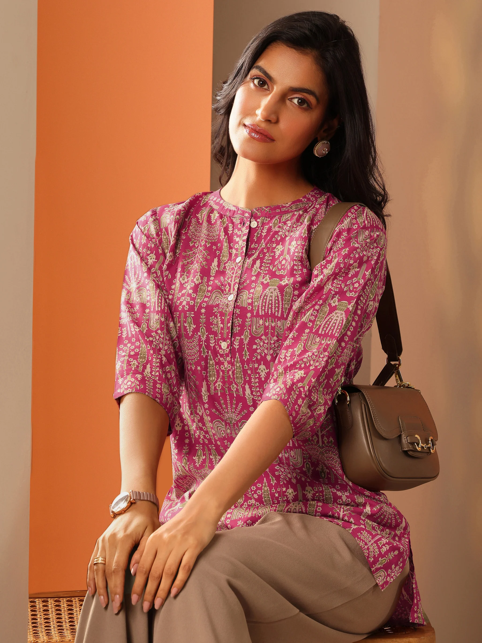 Pink Printed Silk Blend Straight Short Kurti - Image 6