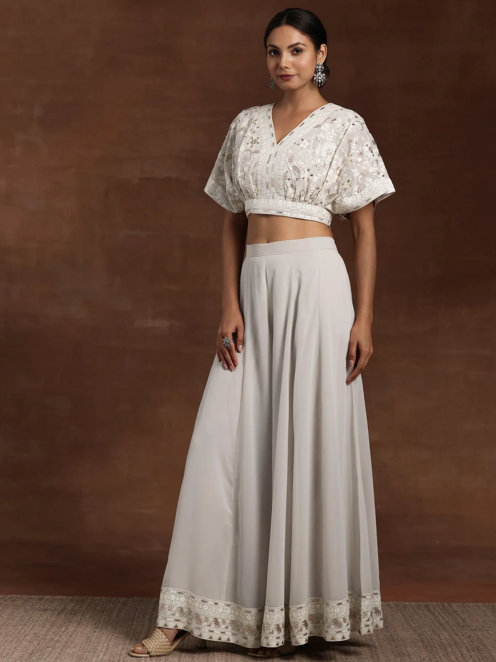 Grey Embroidered Georgette 3 Piece Co-Ords sets - Image 3