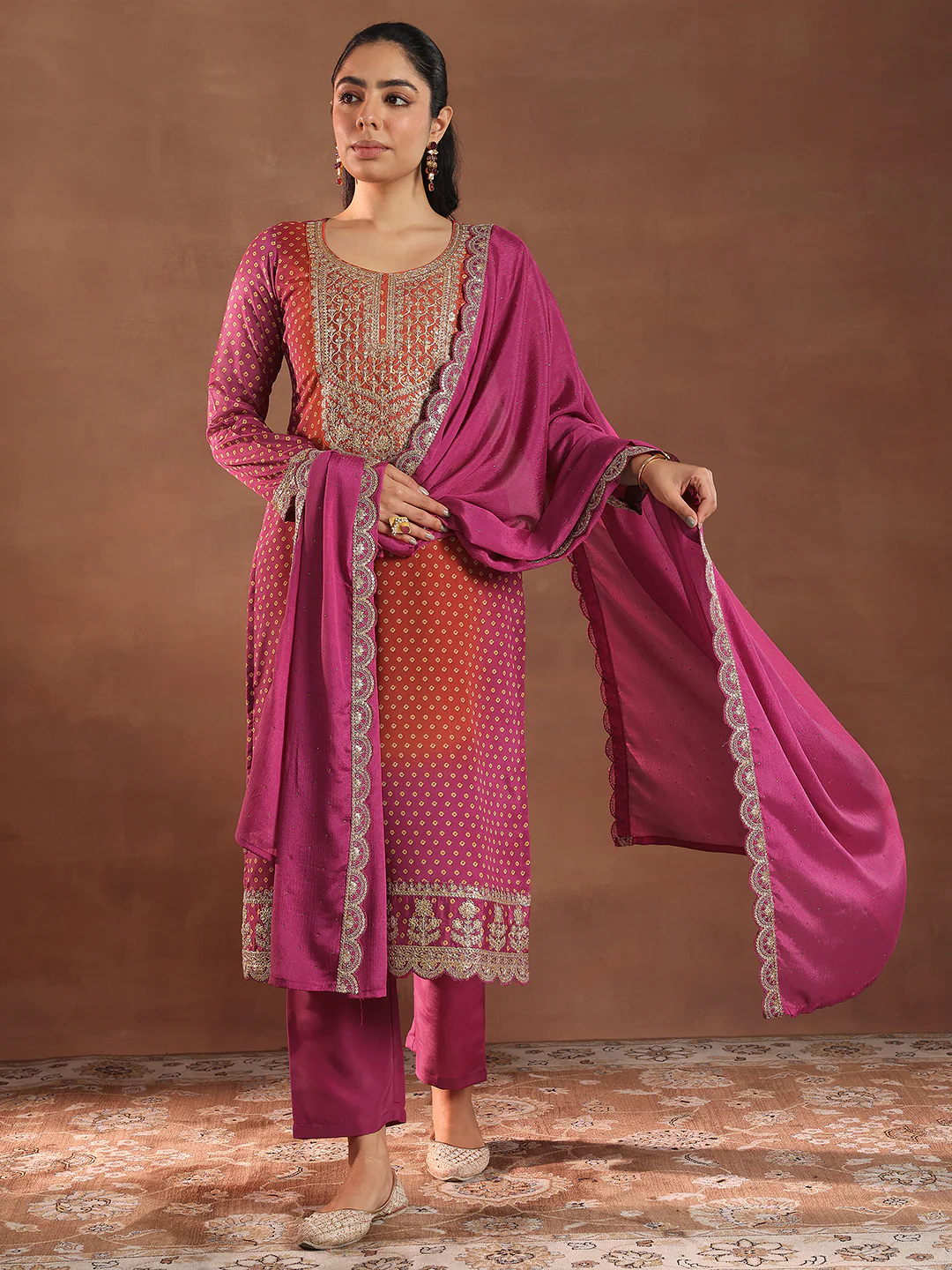 Pink Printed Silk Blend Straight Suit With Dupatta