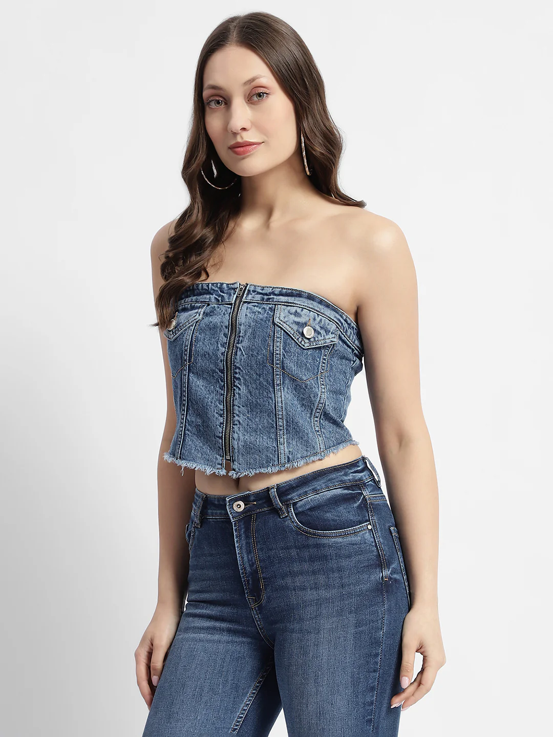 Blue Front Zipper Denim Tube Top - Image 2