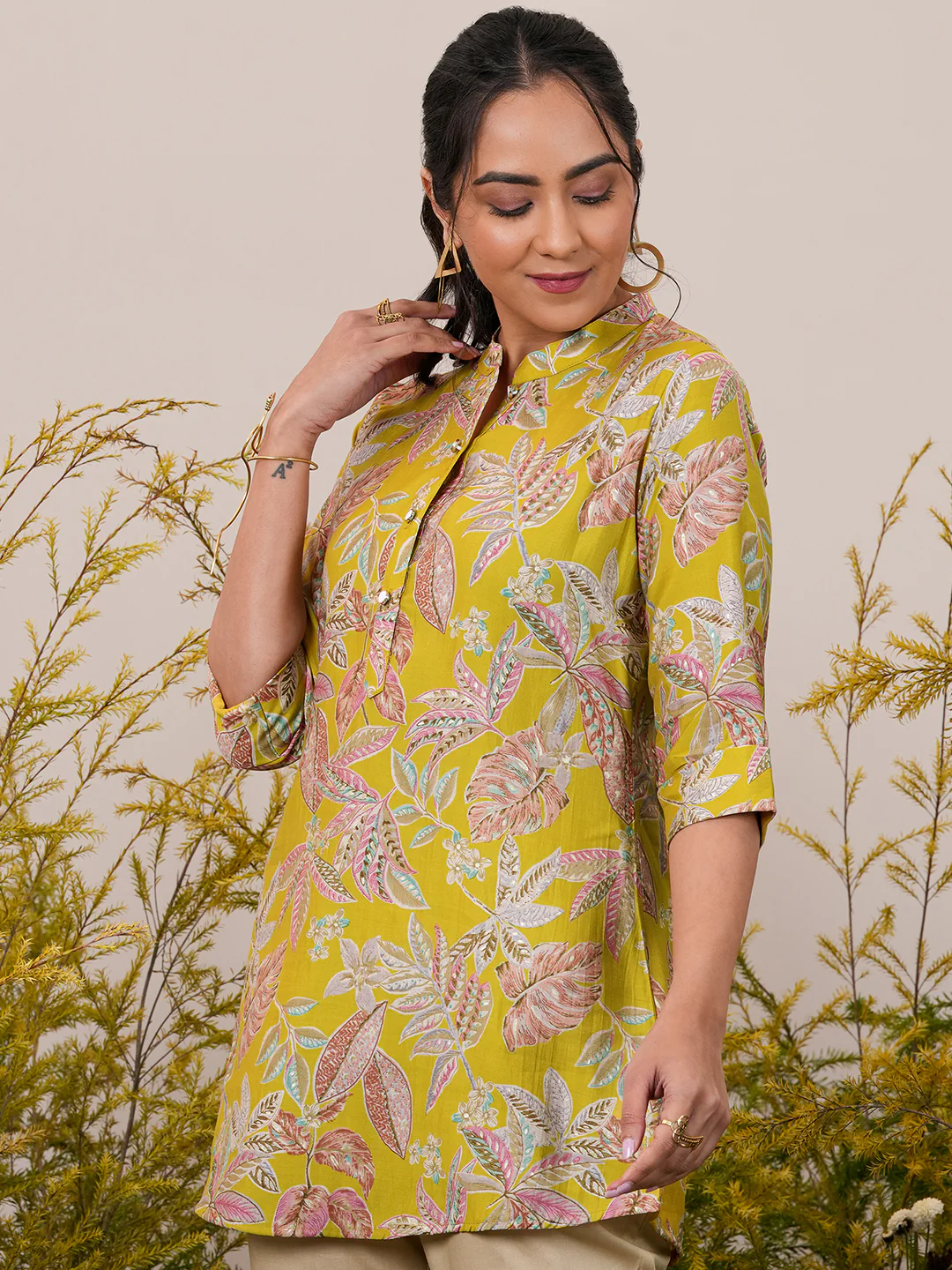 Yellow Printed Silk Blend Straight Short Kurti - Image 2