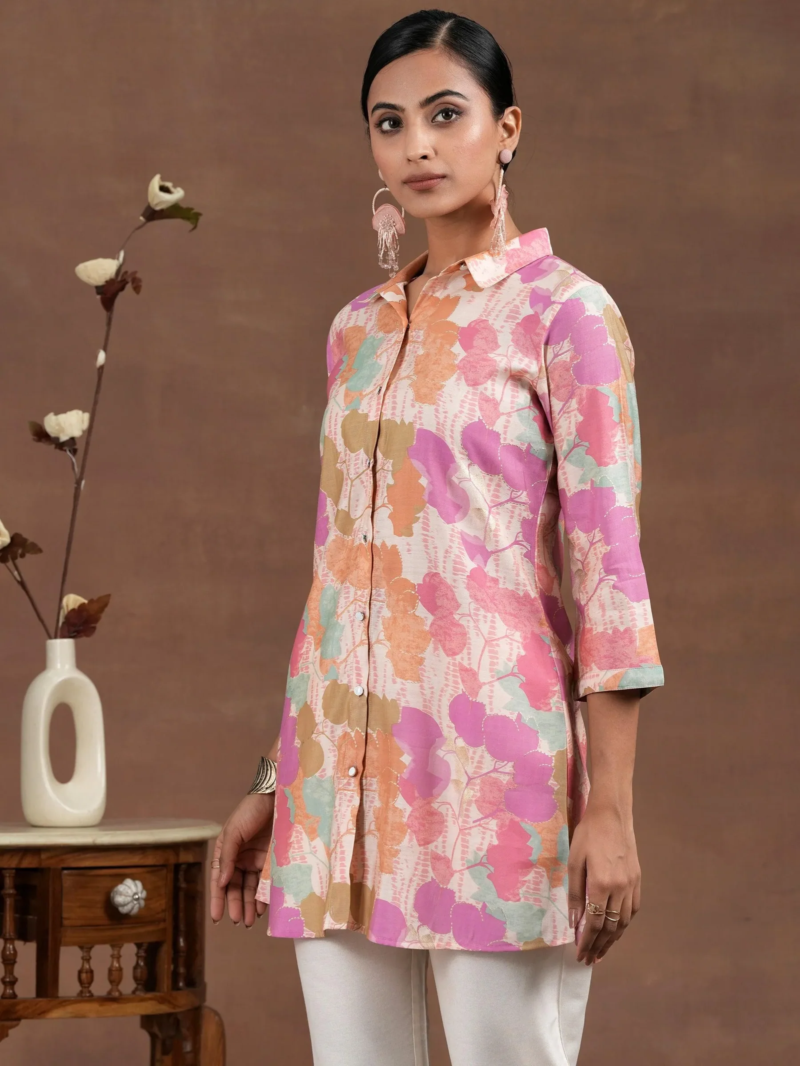Pink Printed Silk Blend Straight Shirt