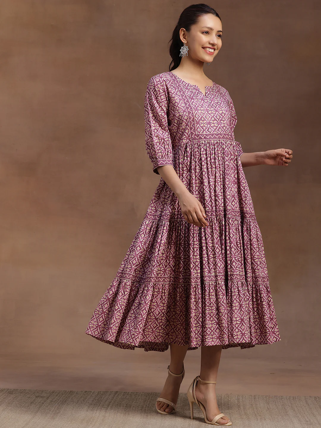 Purple Printed Cotton A-Line Dress - Image 2