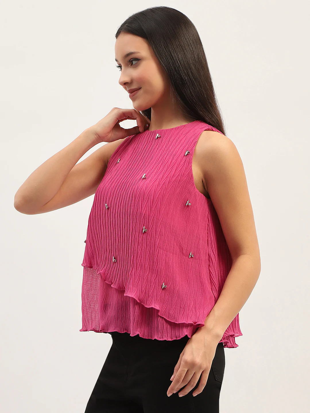 Double Hem Embellished Pink Top - Image 3