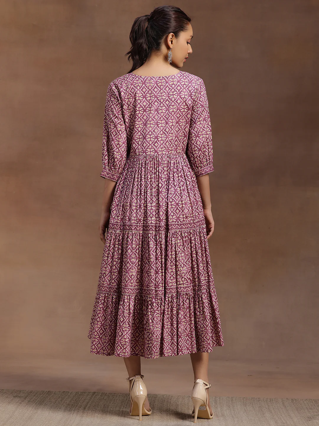Purple Printed Cotton A-Line Dress - Image 3