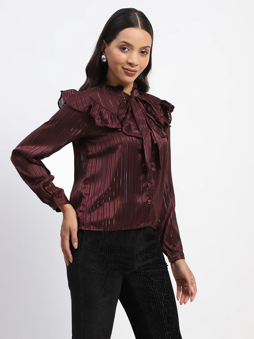 Tie Knot Frill Necked Striped Wine Top - Image 4