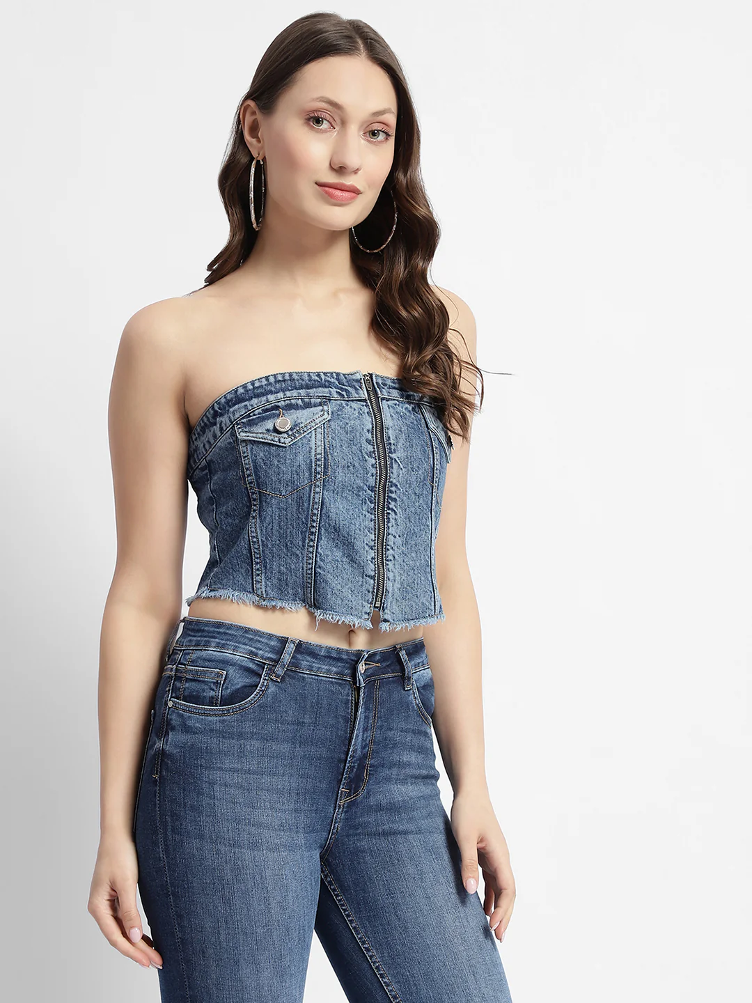 Blue Front Zipper Denim Tube Top - Image 3