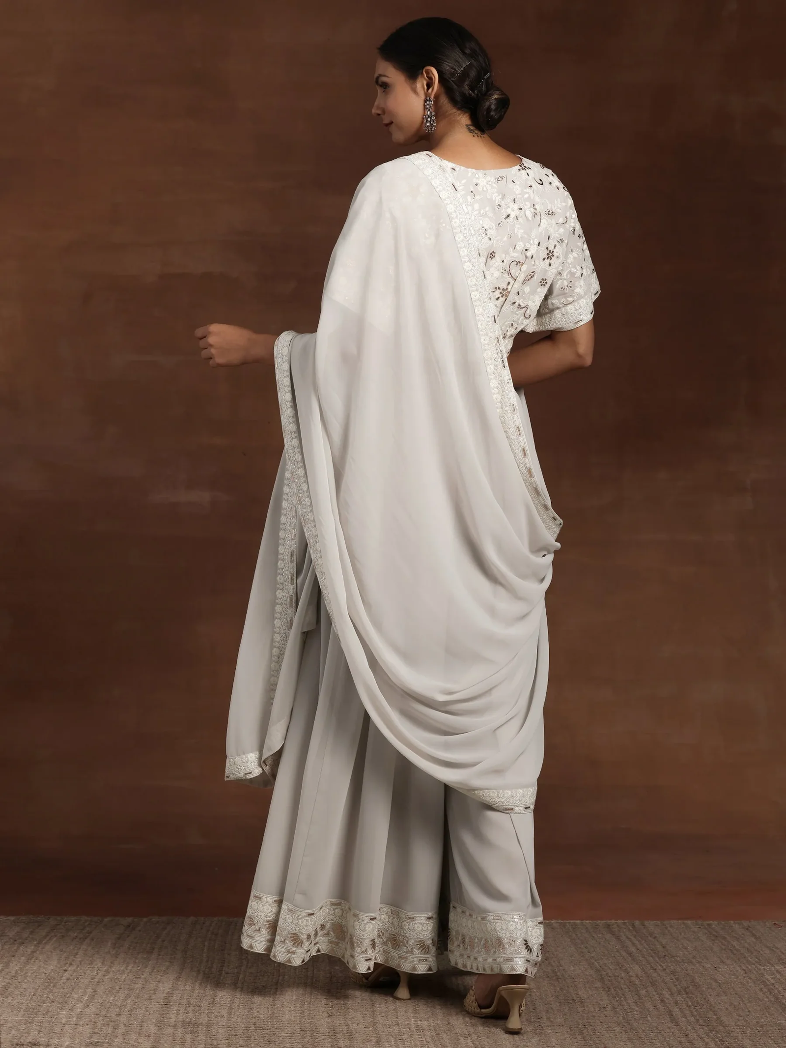 Grey Embroidered Georgette 3 Piece Co-Ords sets - Image 4