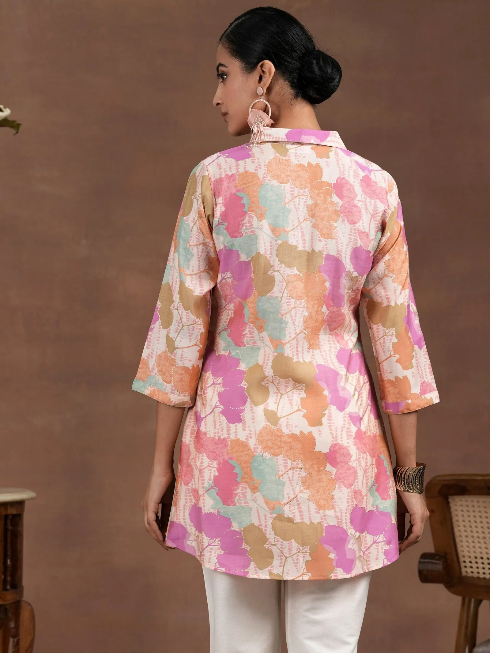 Pink Printed Silk Blend Straight Shirt - Image 5