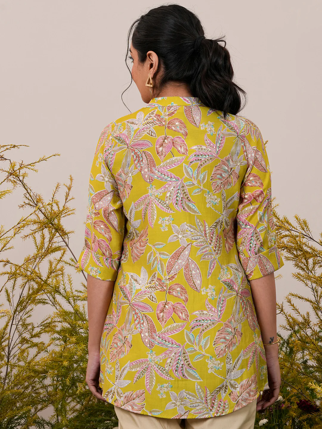 Yellow Printed Silk Blend Straight Short Kurti - Image 3