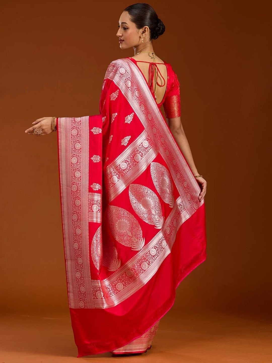 Red Zariwork (Silver) Satin Silk Saree - Image 2