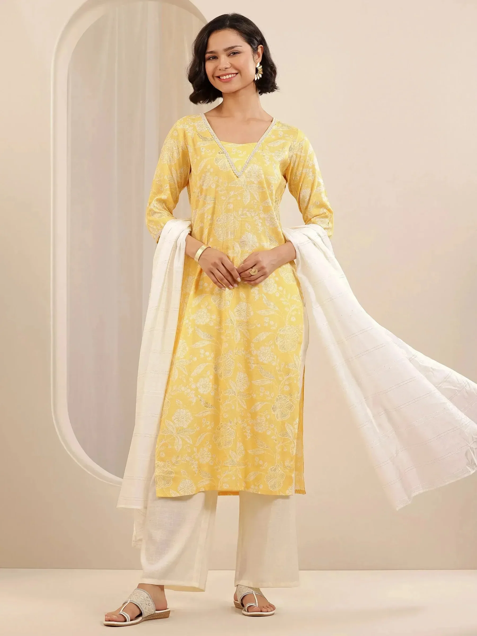 Yellow Printed Cotton Blend Straight Suit Set With Dupatta