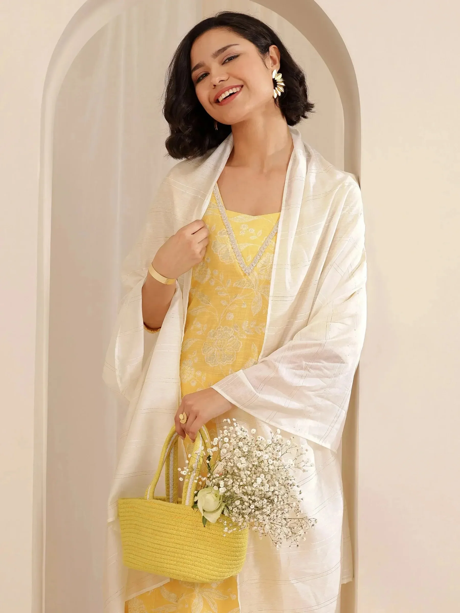 Yellow Printed Cotton Blend Straight Suit Set With Dupatta - Image 3