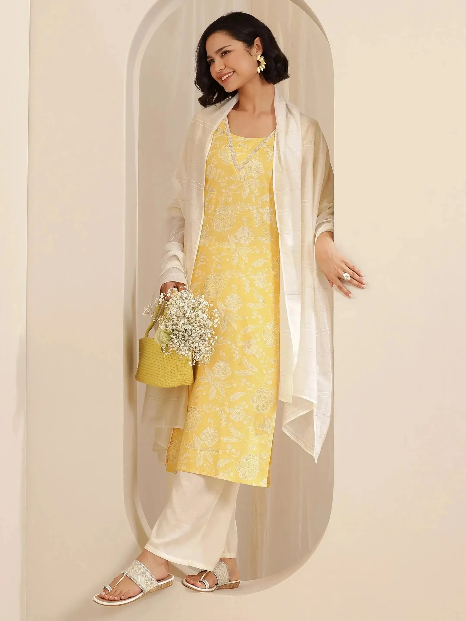 Yellow Printed Cotton Blend Straight Suit Set With Dupatta - Image 8