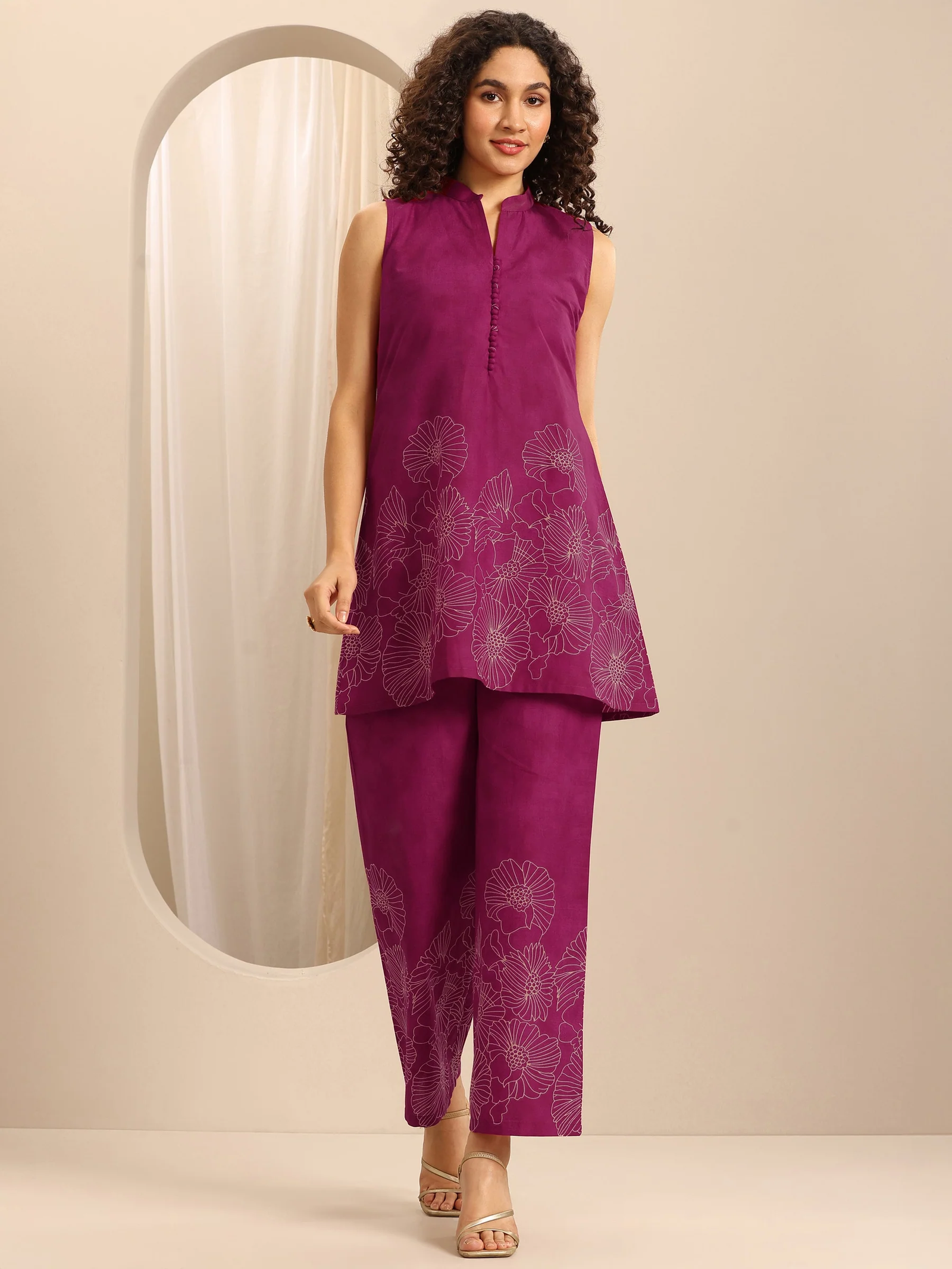 Pink Printed Cotton Blend A-line Kurta Co-Ords Sets - Image 2